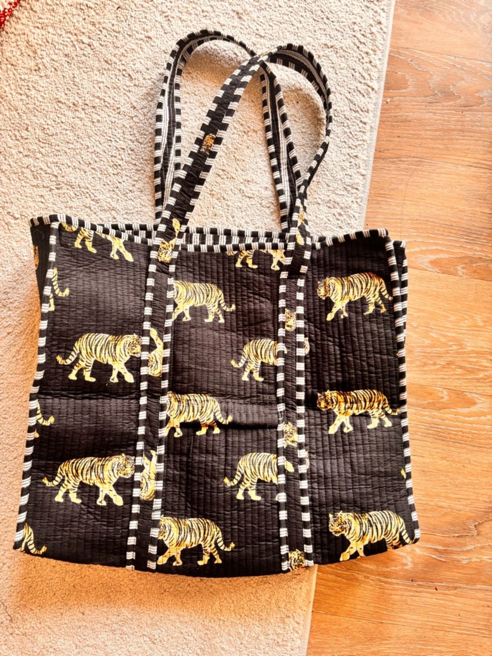 Black Quilted Tiger Print Tote Bag